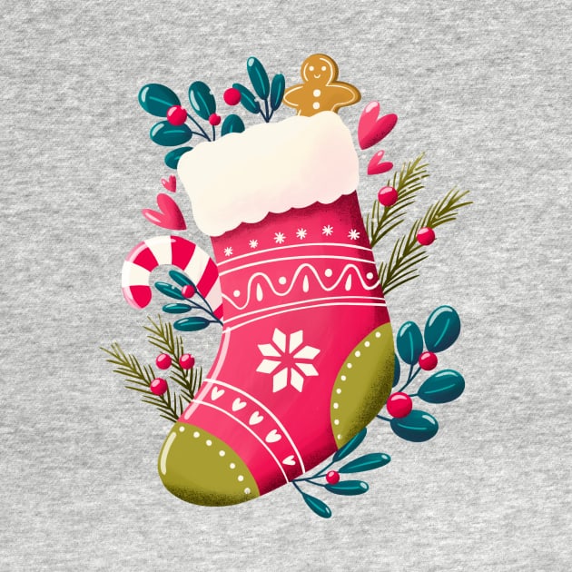 Christmas stocking with decoration on mint background. Cute festive winter holiday illustration. Bright colorful pink and blue design. by BlueLela